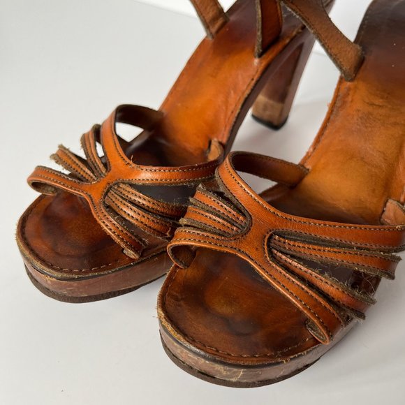 Vintage 70s Bear Traps Wooden & Leather Platform Heel Sandals Women's size 7.5 - Picture 6 of 15